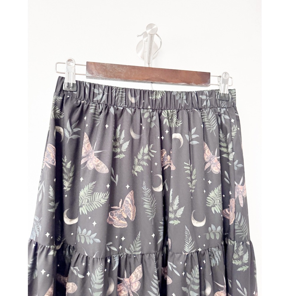 Romwe Womens Moth Moon Fern Tiered Midi Skirt Black Whimsigoth Small NWT - Picture 4 of 10